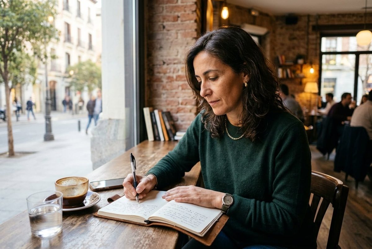 Persona escribiendo en diario de bienestar