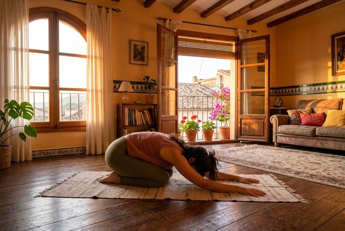 Yoga matutino en habitación luminosa